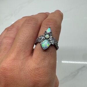 Elegant Silver Opal Ring with Crystal Accents